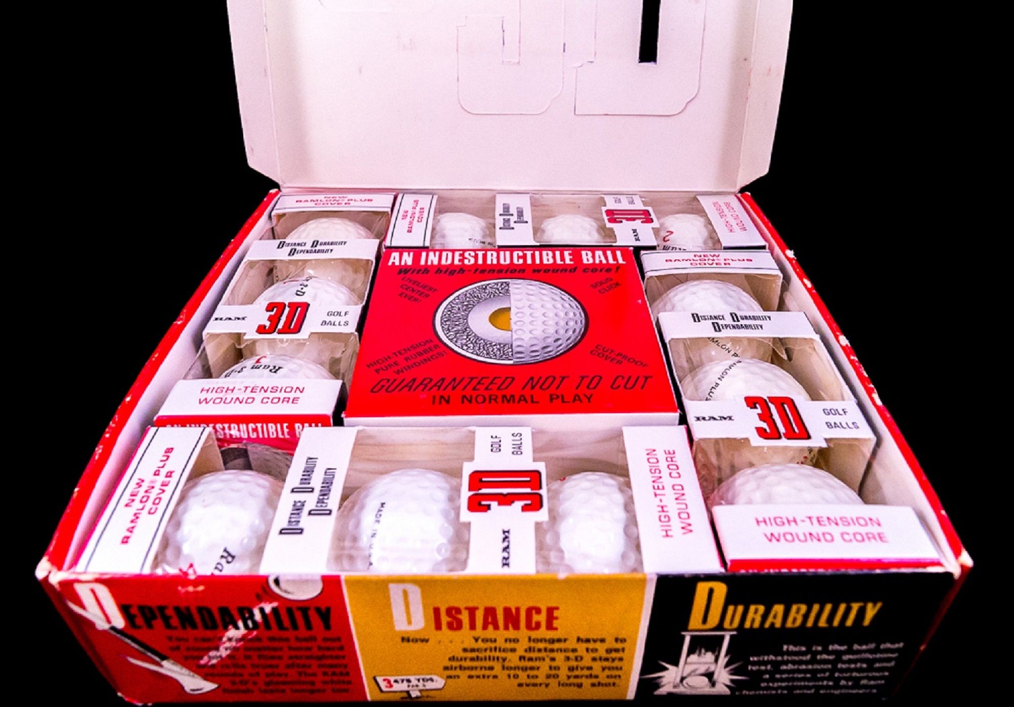 a view of the original packaging for the Ram 3D golf balls