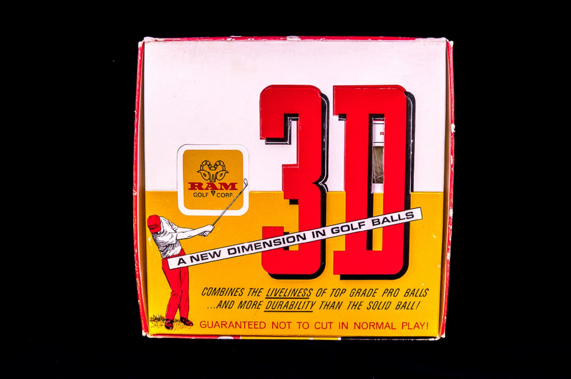 A picture of a box of Ram 3D golf balls from 1965